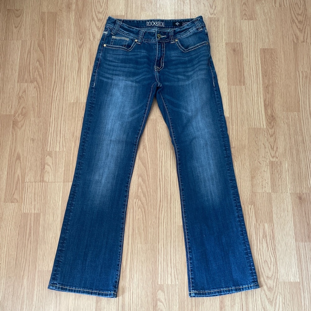 Rock & Roll Cowgirl Mid Rise Boot Cut Denim Blue Jeans Size 29x32